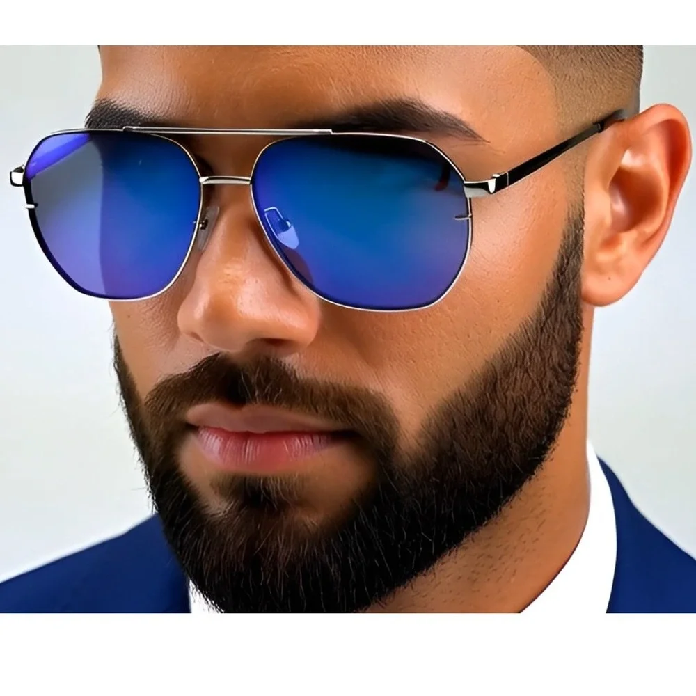Blue Mirror Flat Lens Sunglasses Gold Frame UV400‎ Protection Men Shades Gafas